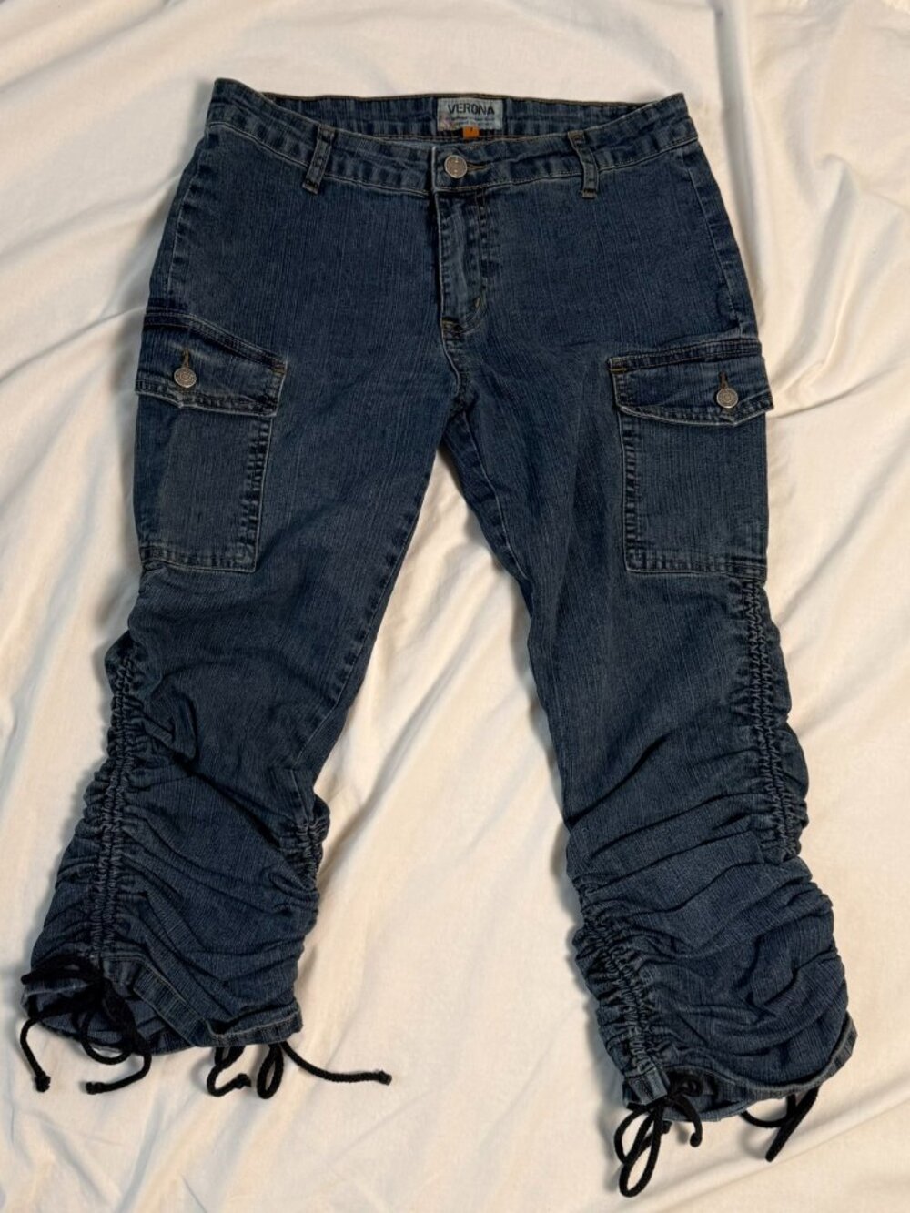 Verona Jeans – Size 7 – Dark Wash Cargo‑Style Denim with Adjustable Ruched Legs